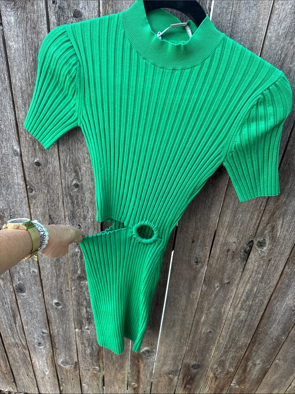 Stella McCartney Bright Green Ribbed Short-Sleeve Cutout Sweater Dress